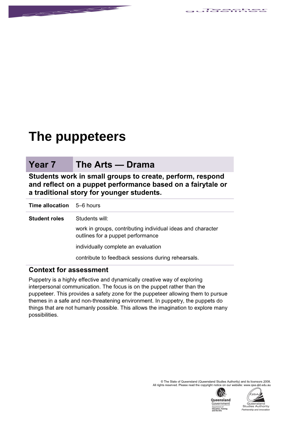 Year 7 the Arts - Drama Assessment Teacher Guidelines the Puppeteers Queensland Essential