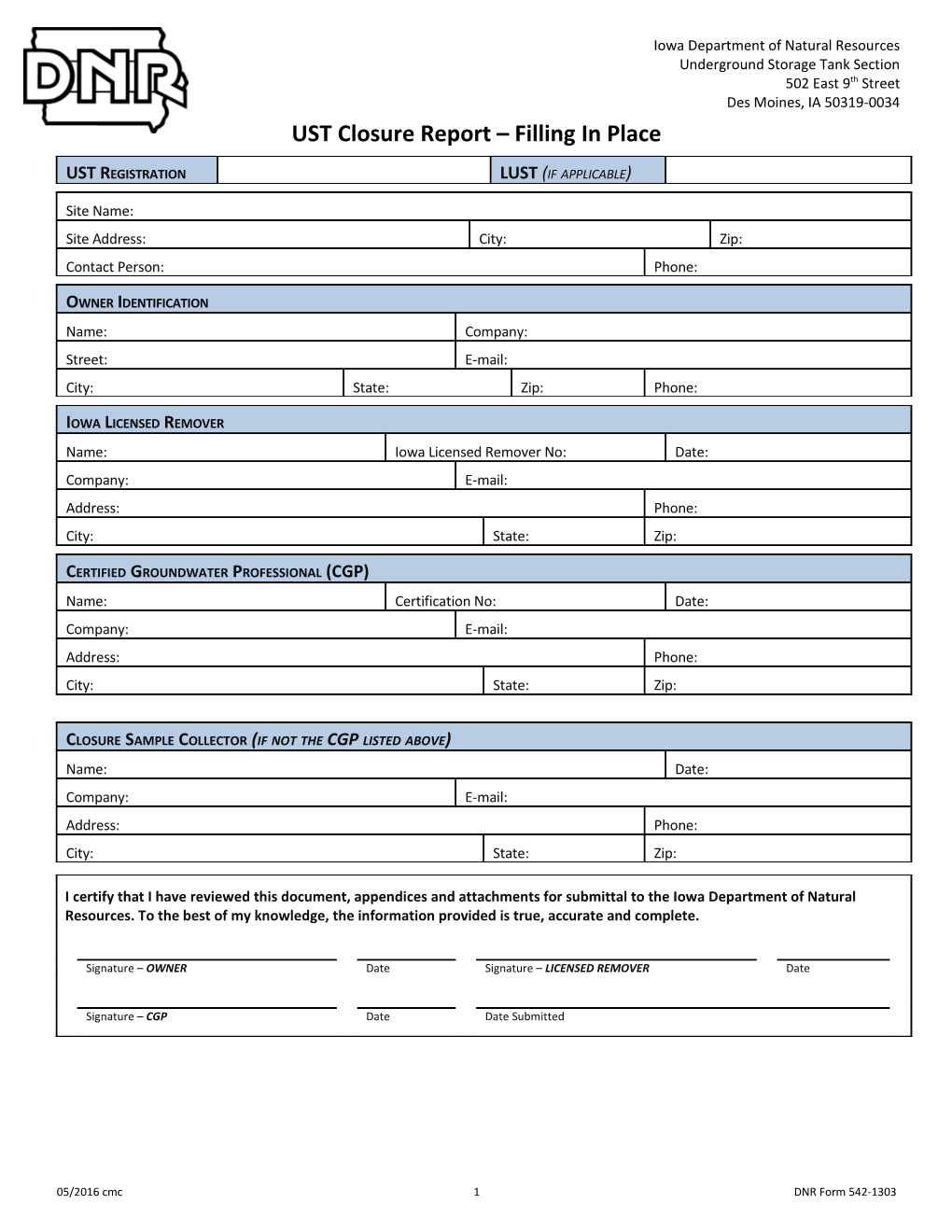 Closure Report Form for Tank and Piping Removal