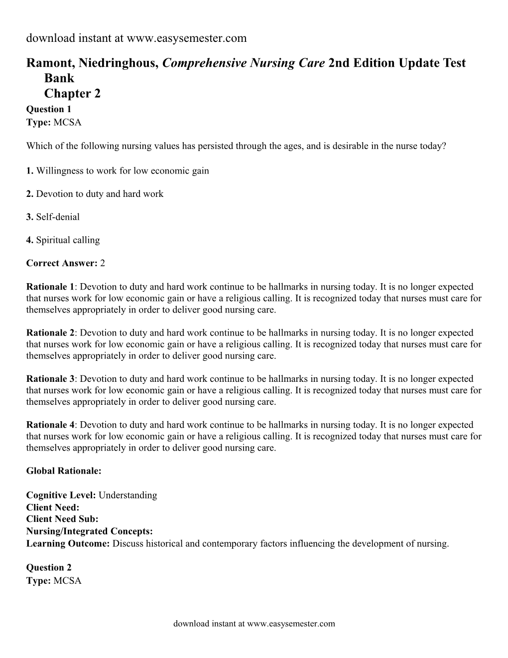 Ramont, Niedringhous, Comprehensive Nursing Care 2Nd Edition Update Test Bankchapter 2