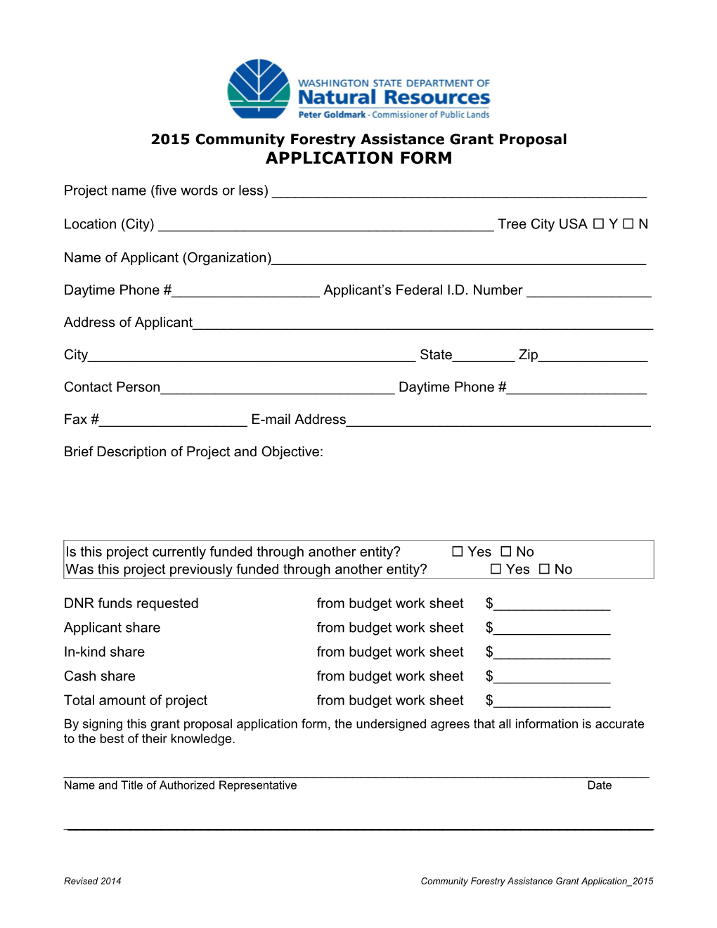 Community Forestry Assistance Grant Application