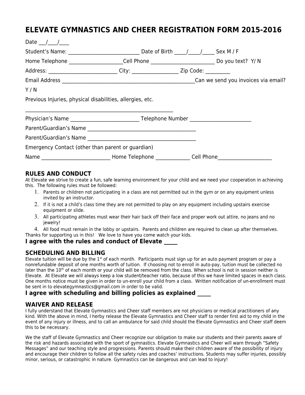 Elevate Gymnastics and Cheer Registration Form