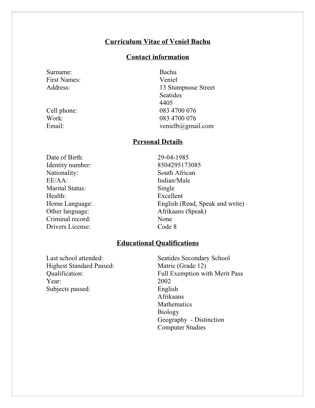 Curriculum Vitae of Ricardo Reddy