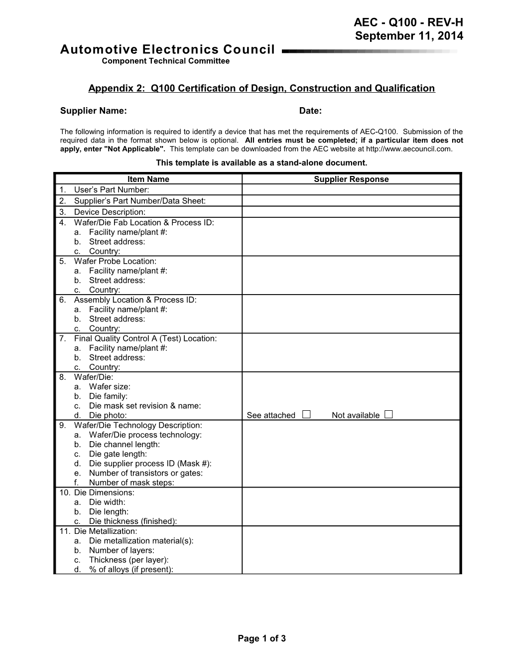 Appendix 2: Q100 Certification of Design, Construction and Qualification