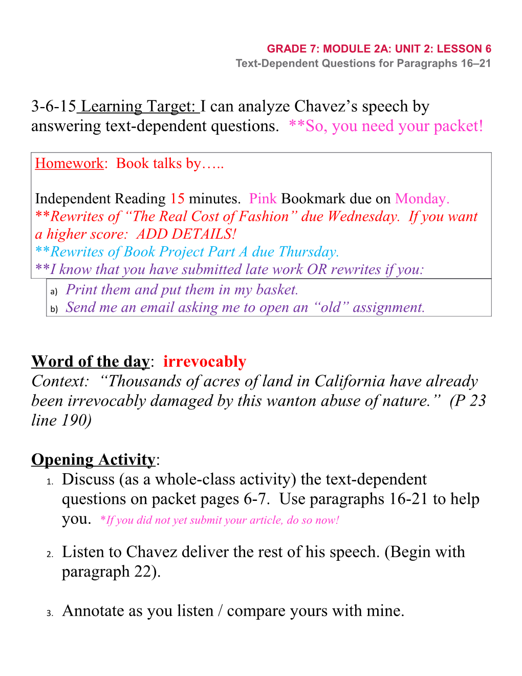 3-6-15 Learning Target: I Can Analyze Chavez S Speech by Answering Text-Dependent Questions