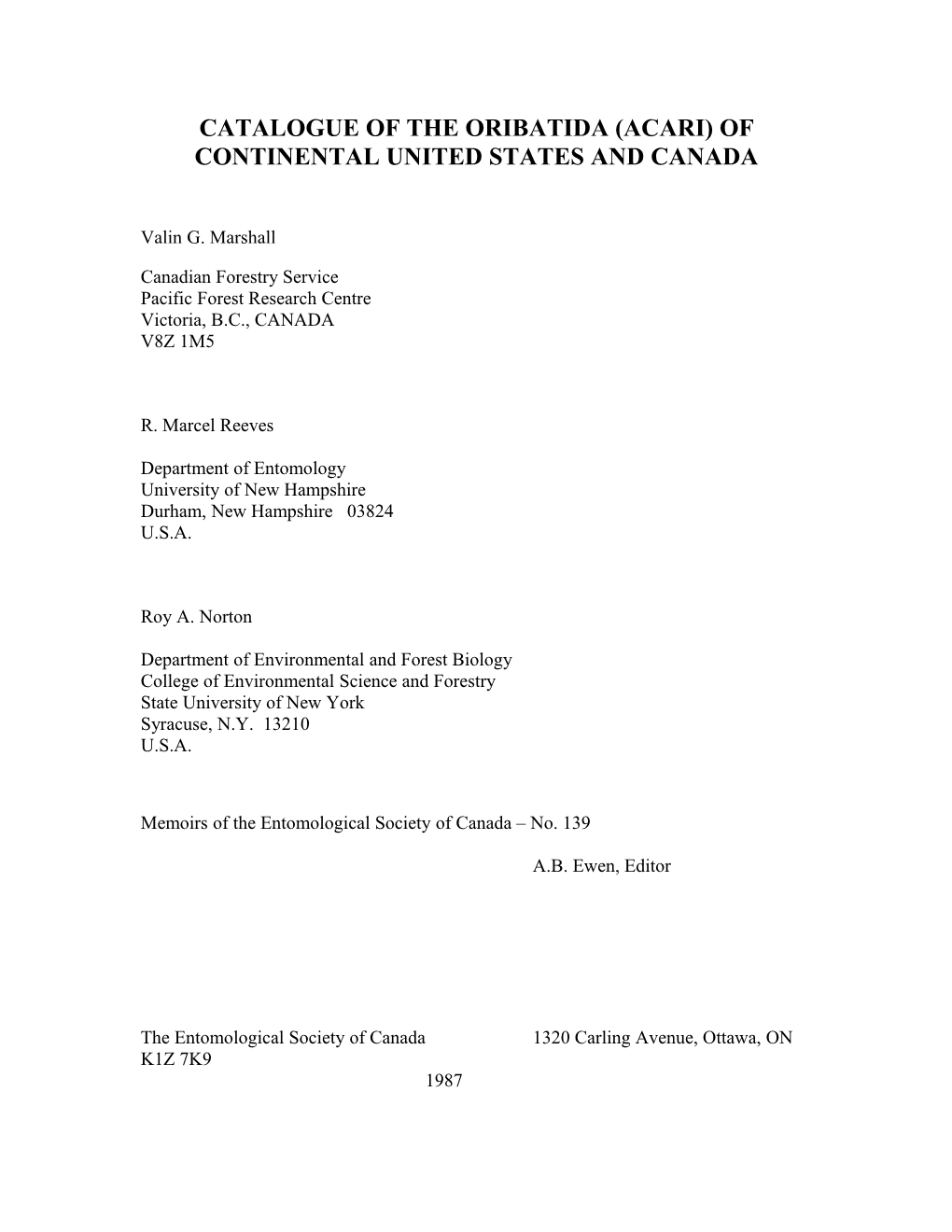 Catalogue of the Oribatida (Acari) of Continental United States and Canada