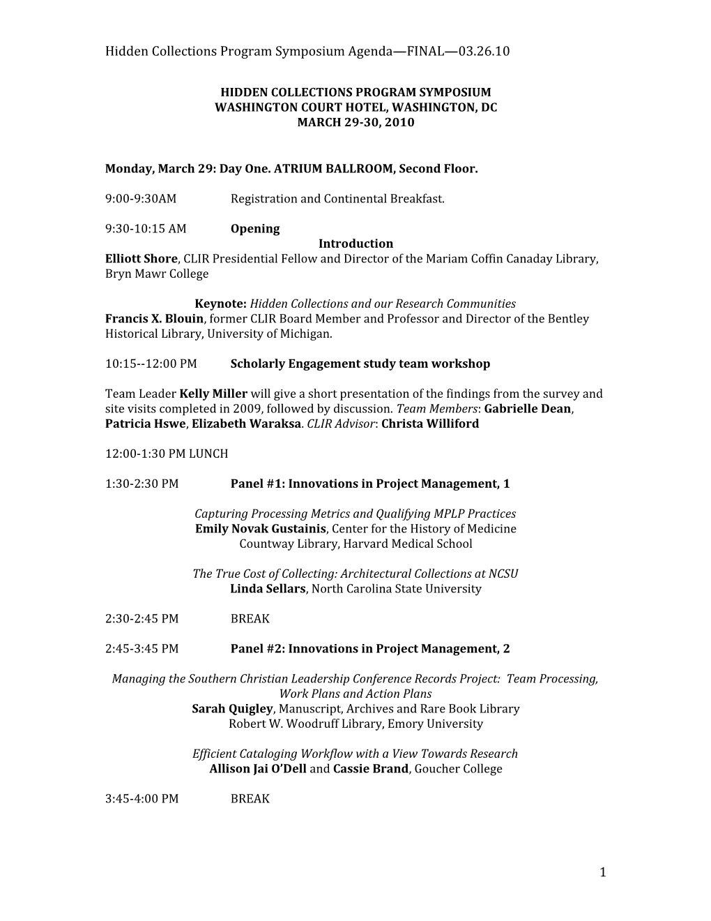 Hidden Collections Program Symposium Agenda FINAL 03.26.10