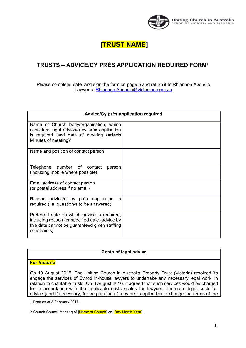 Trusts Advice and Cy Pres Application Required Form