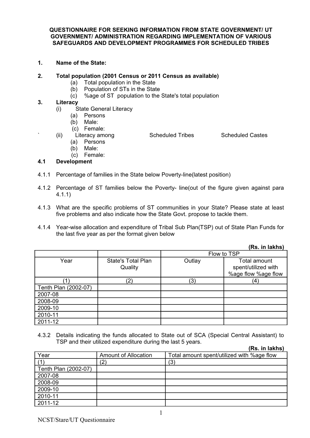 Questionnare for Seeking Infrormation from State Government Regarding Implementation Of