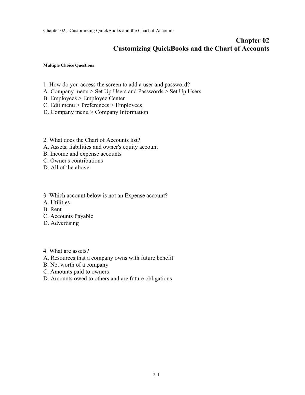 Chapter 02 Customizing Quickbooks and the Chart of Accounts