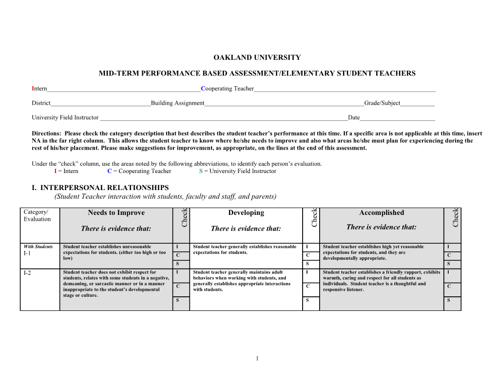 Mid-Term Performance Based Assessment/Elementary Student Teachers