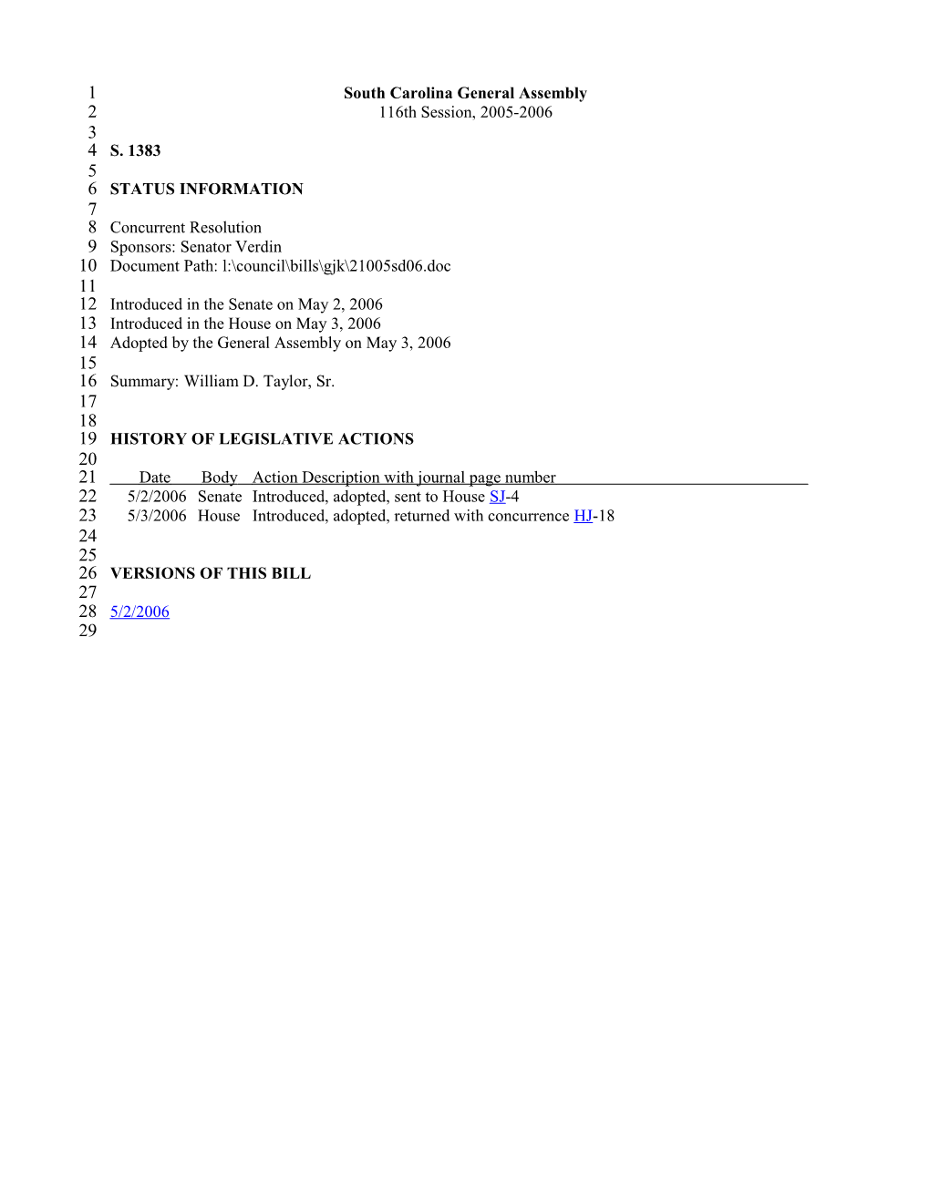 2005-2006 Bill 1383: William D. Taylor, Sr. - South Carolina Legislature Online