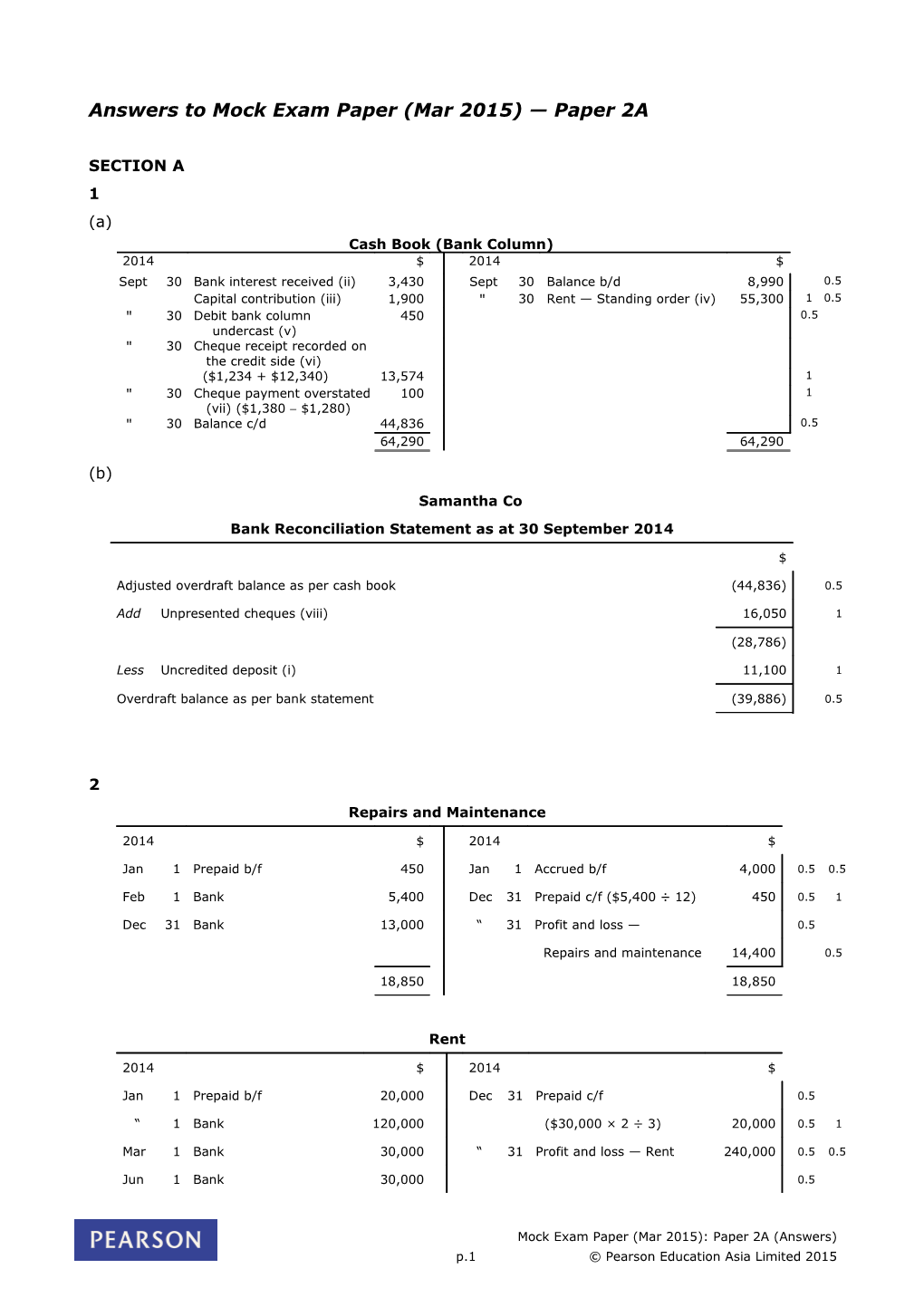 Answers to Mock Exam Paper (Mar 2015) Paper 2A