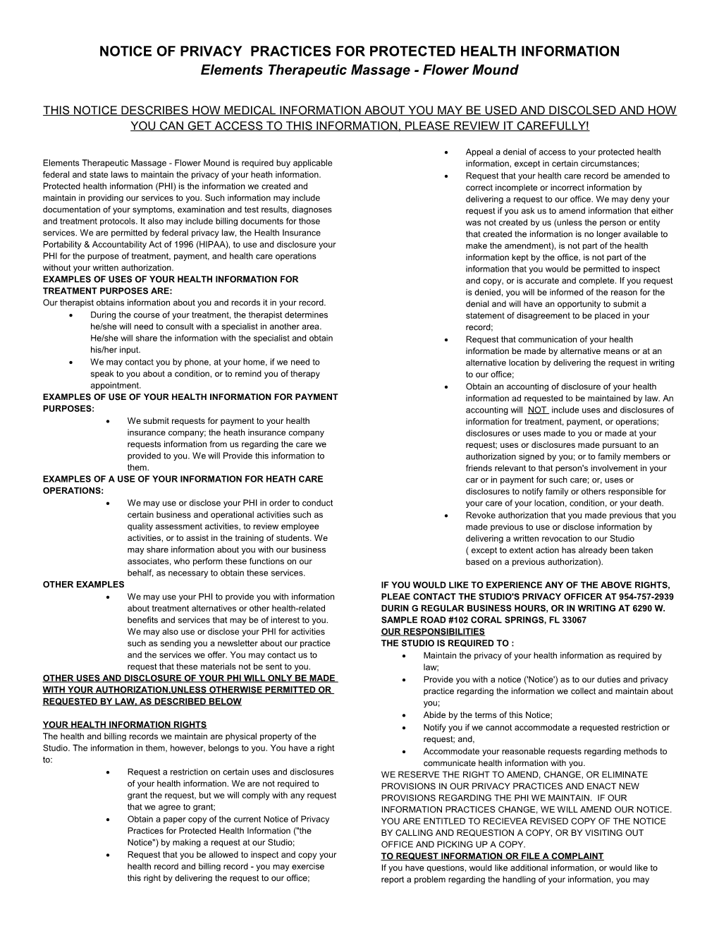 NOTICE of PRIVACY PRACTICES for PROTECTED HEALTH INFORMATION Elements Therapeutic Massage