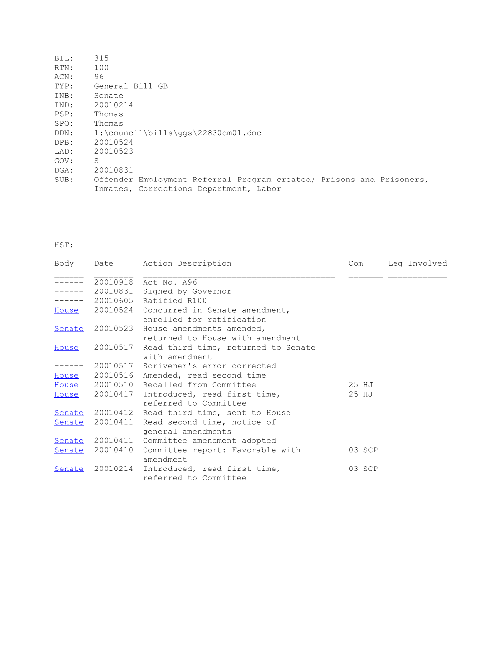 2001-2002 Bill 315: Offender Employment Referral Program Created; Prisons and Prisoners