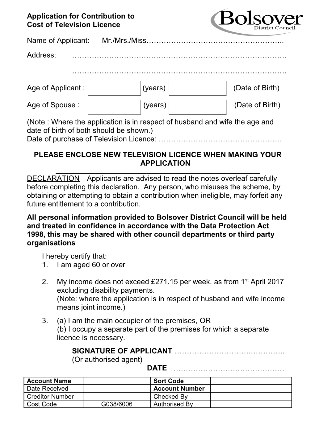 Application for Contribution to Cost of Television Licence