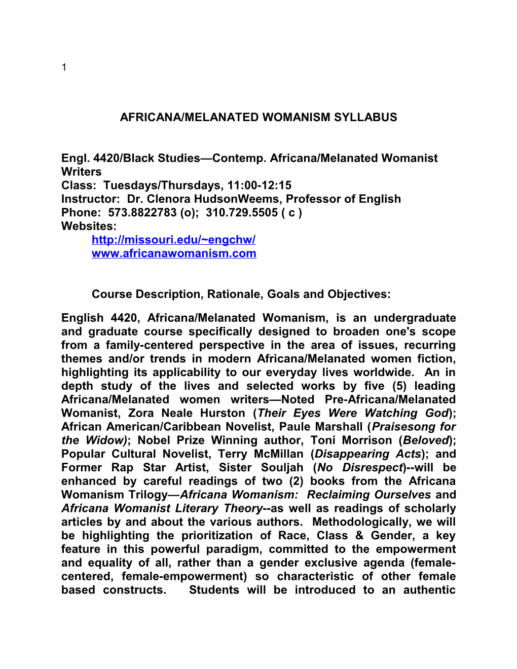 Africana/Melanated Womanism Syllabus