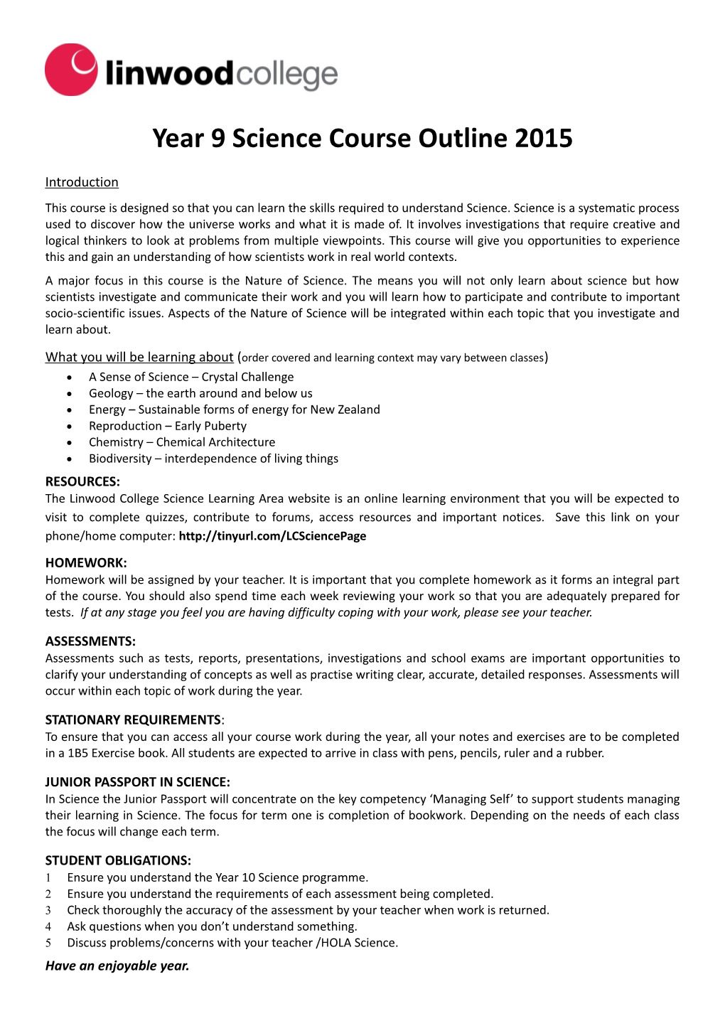 Year 9 Sciencecourse Outline 2015