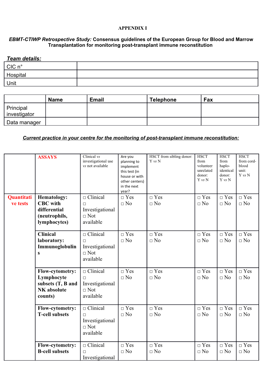 Current Practice in Your Centre for the Monitoring of Post-Transplant Immune Reconstitution