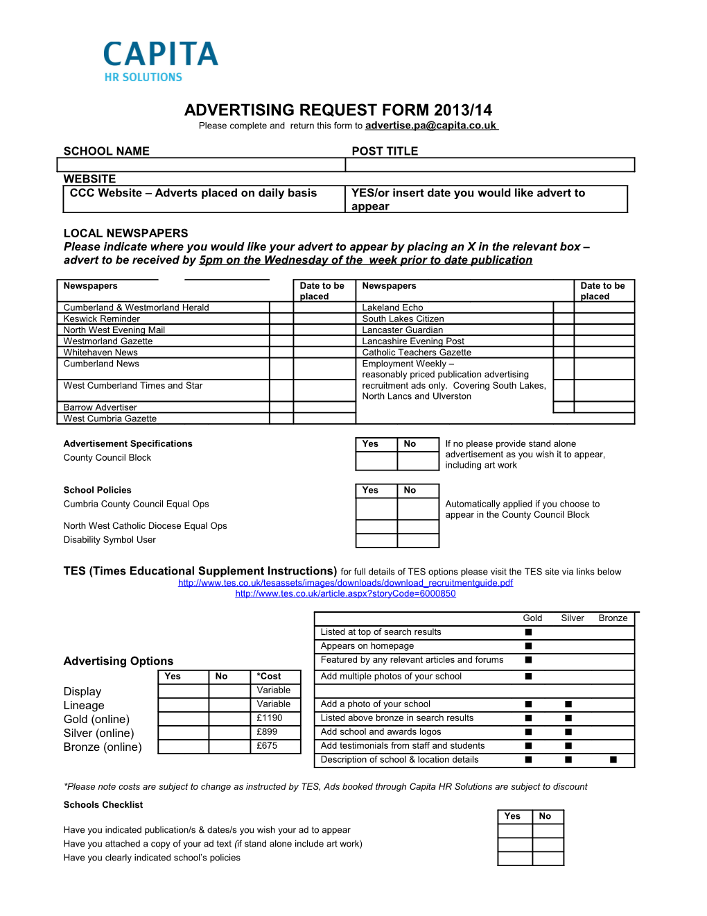 Please Complete and Return This Form to Advertise Uk