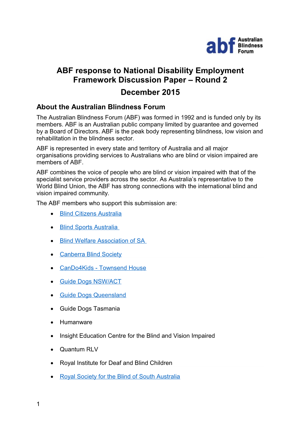 ABF Response to National Disability Employment Framework Discussion Paper Round 2