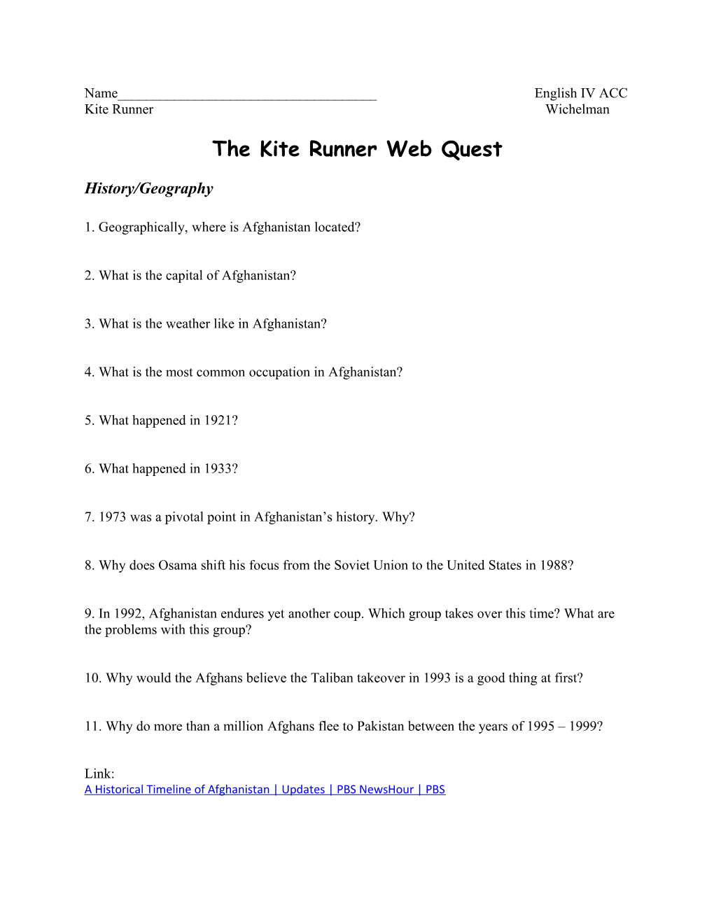 The Kite Runner Web Quest