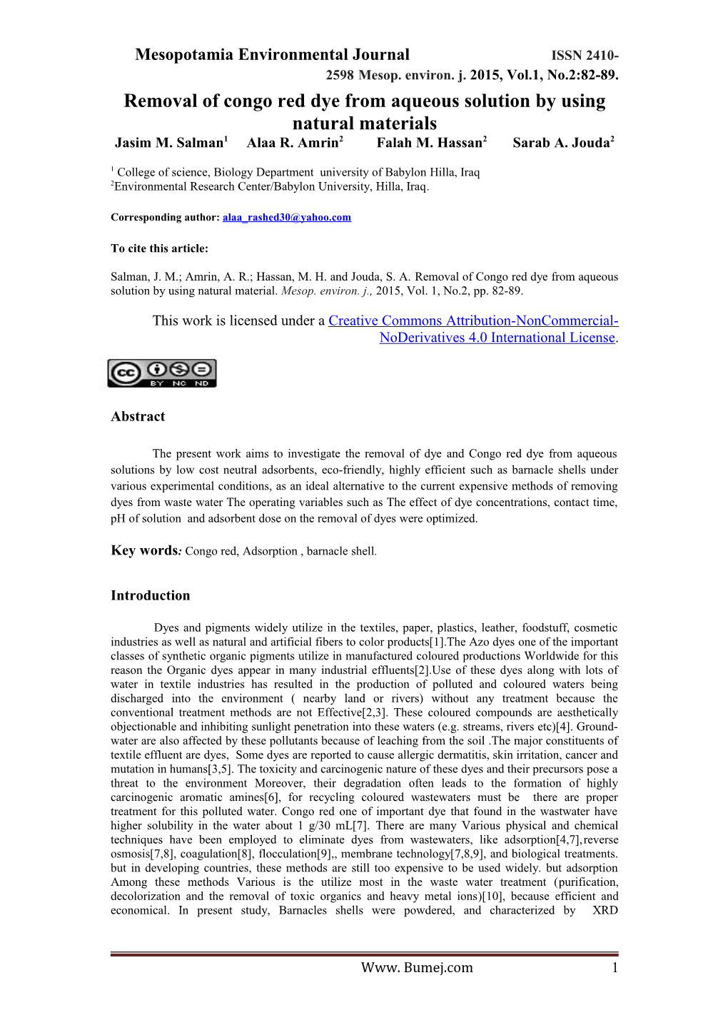 Removal of Congo Red Dye from Aqueous Solution by Using Natural Materials