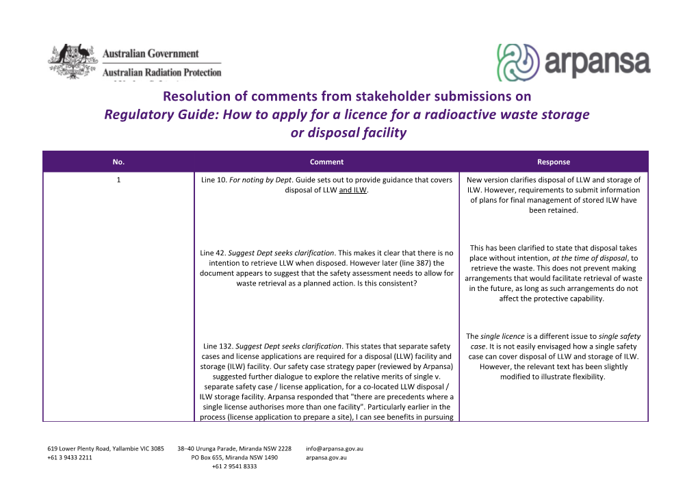 Resolution of Comments from Stakeholder Submissions