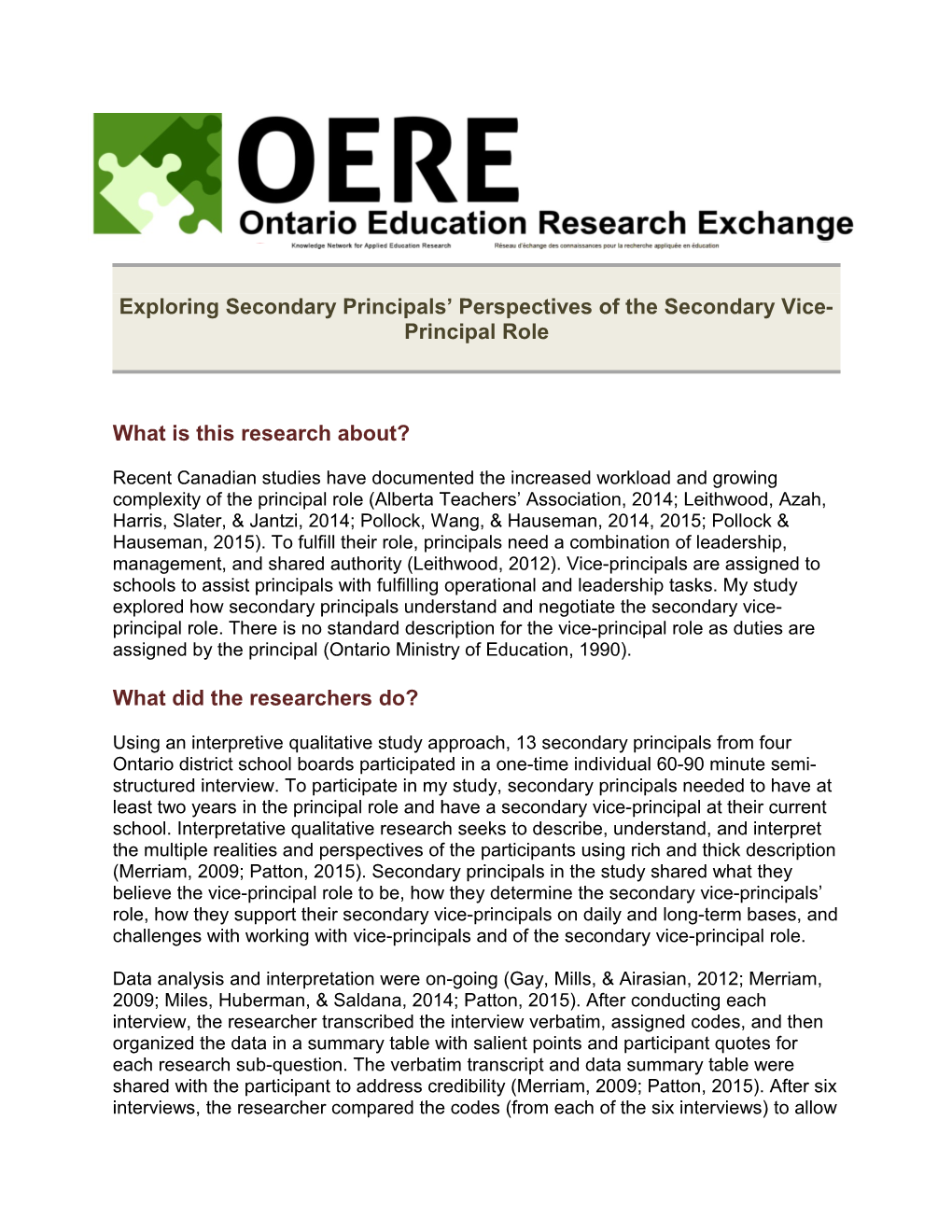 Exploring Secondary Principals Perspectives of the Secondary Vice-Principal Role