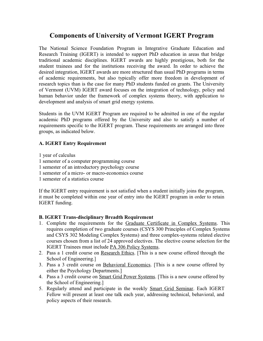 Requirements of University of Vermont IGERT Program