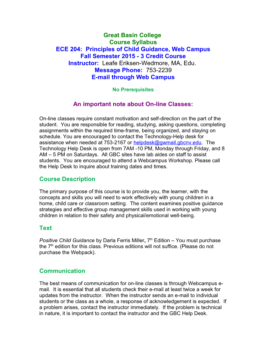 ECE 204: Principles of Child Guidance, Web Campus