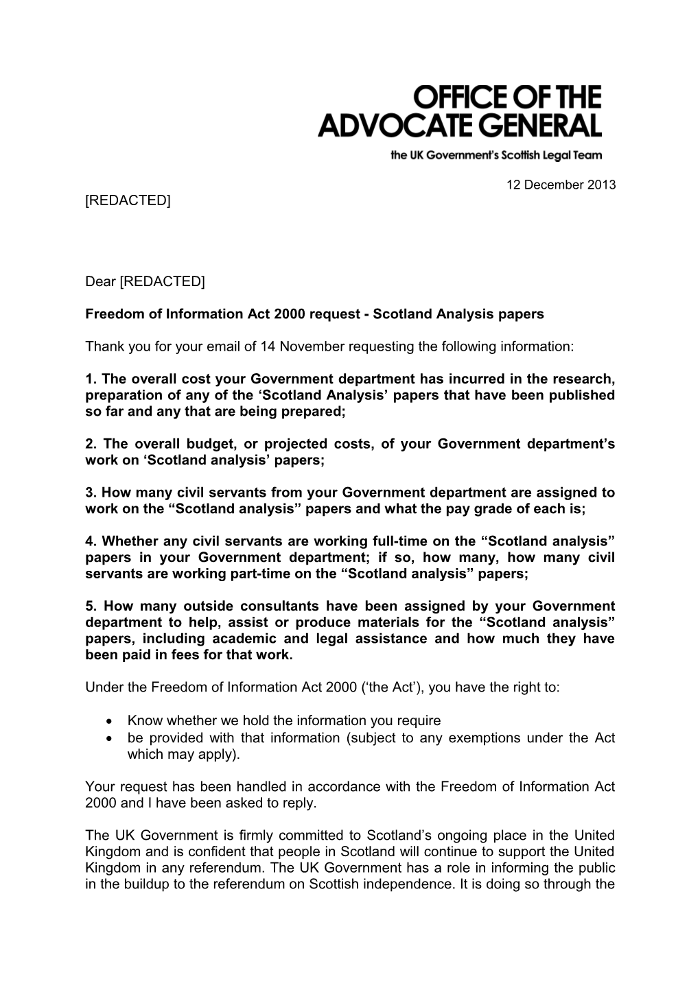 Freedom of Information Act 2000 Request - Scotland Analysis Papers