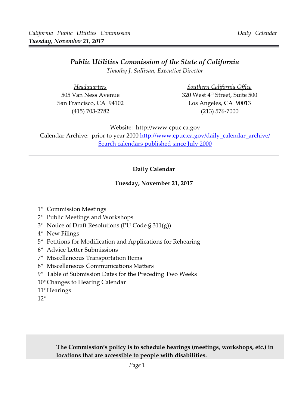 California Public Utilities Commission Daily Calendar Tuesday, November 21, 2017