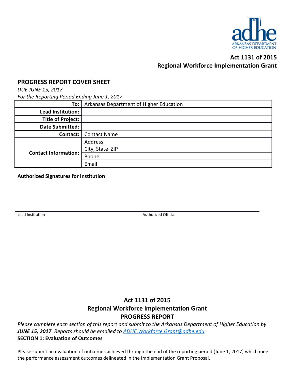 Act 1131 of 2015 Regional Workforce Implementation Grant