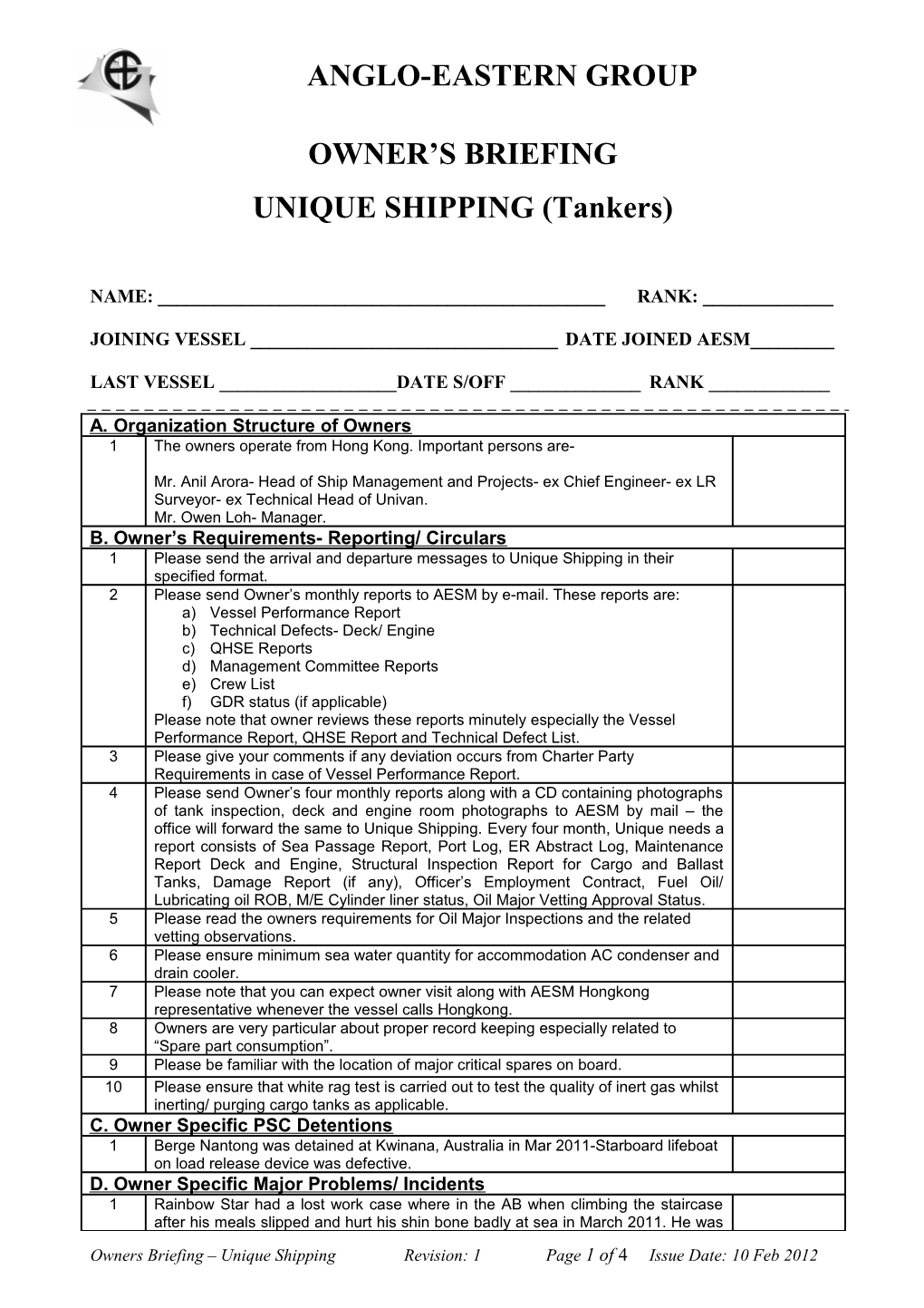 Owners Briefing- Unique Shipping (AE- Singapore)