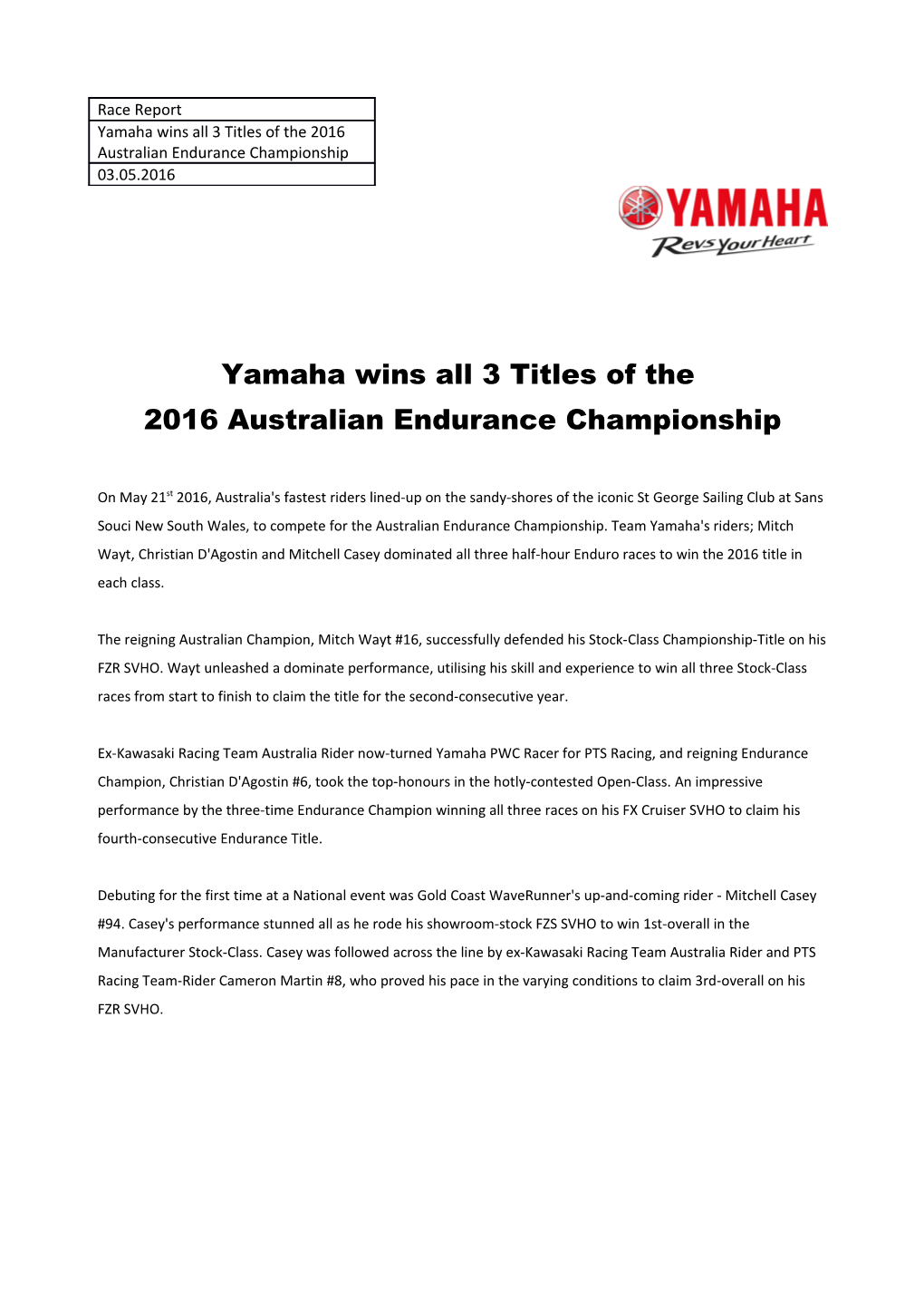 Yamaha Wins All 3 Titles of the 2016 Australian Endurance Championship
