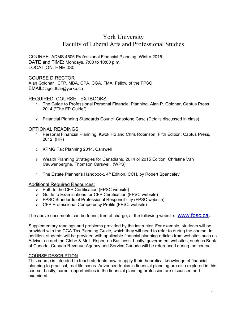 Financial Planning Standards Council Capstone Case (Details Discussed in Class)