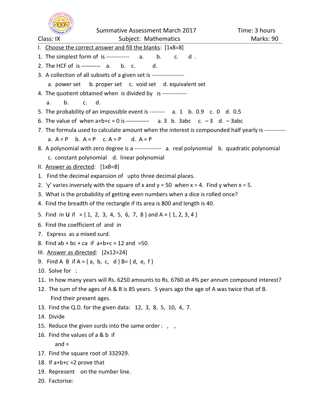 I. Choose the Correct Answer and Fill the Blanks: 1X8=8