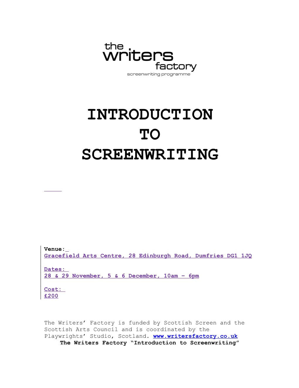The Writers Factory Introduction to Screenwriting