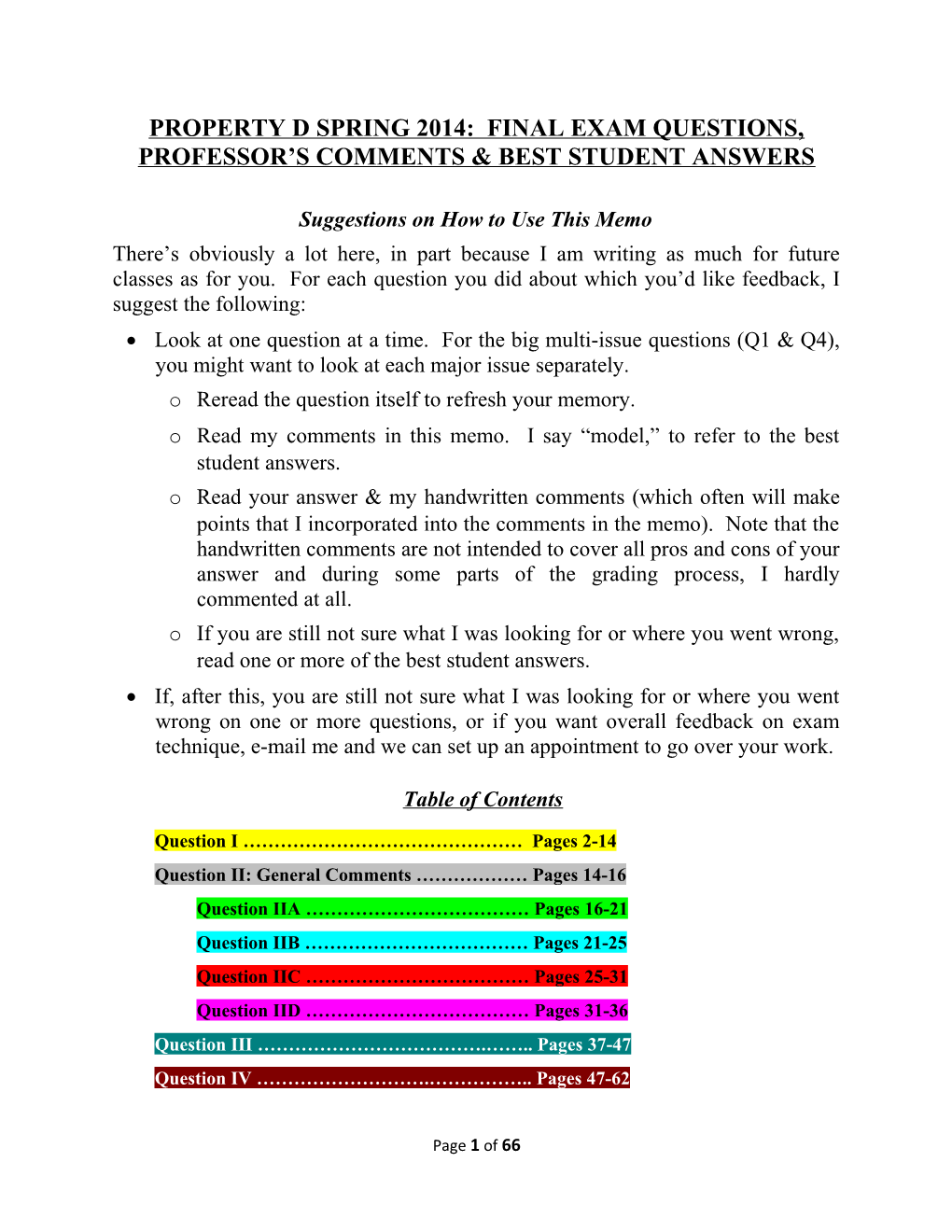 Property D Spring 2014: Final Exam Questions, Professor S Comments & Best Student Answers