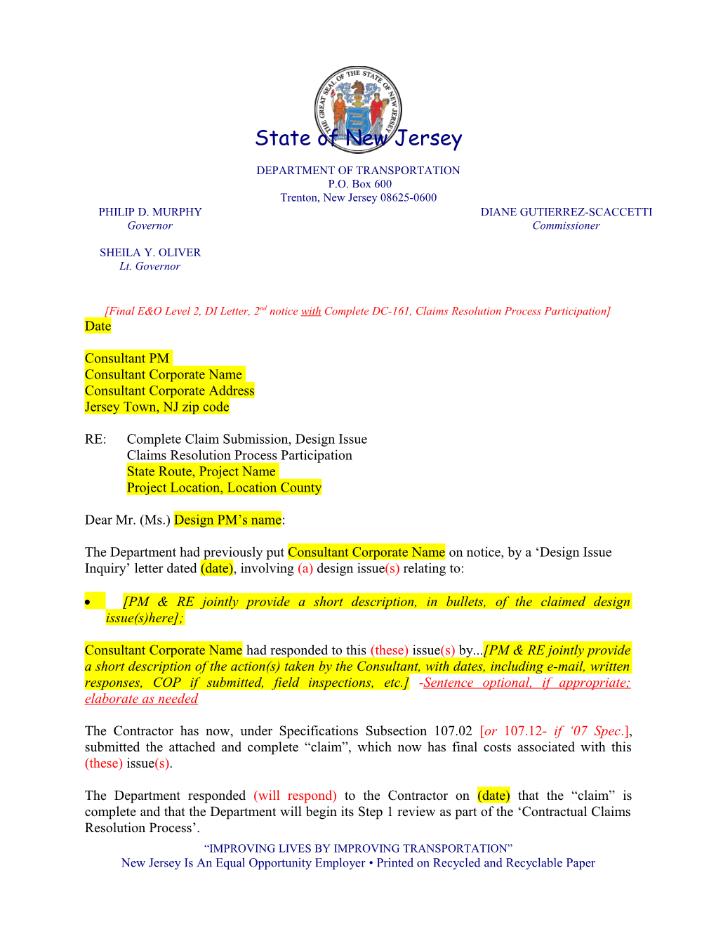 Final E&O Level 2, DI Letter, 2Nd Notice with Complete DC-161, Claims Resolution Process