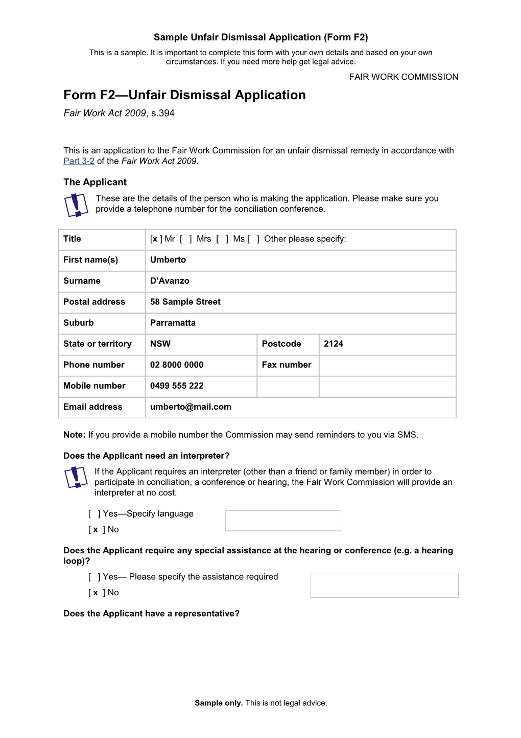 Sample Unfair Dismissal Application