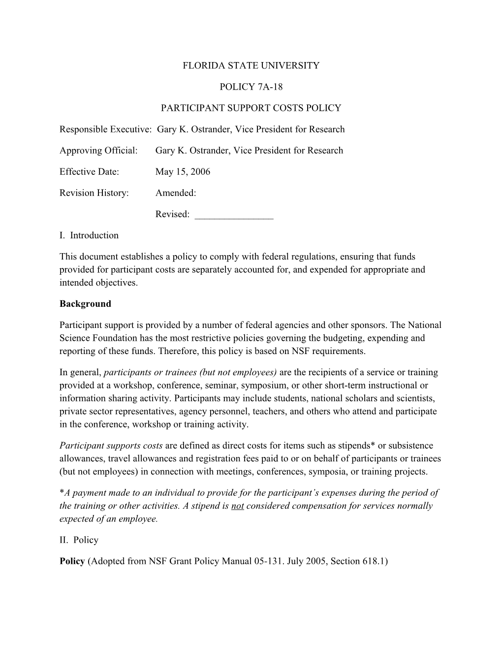 Participant Support Costs Policy