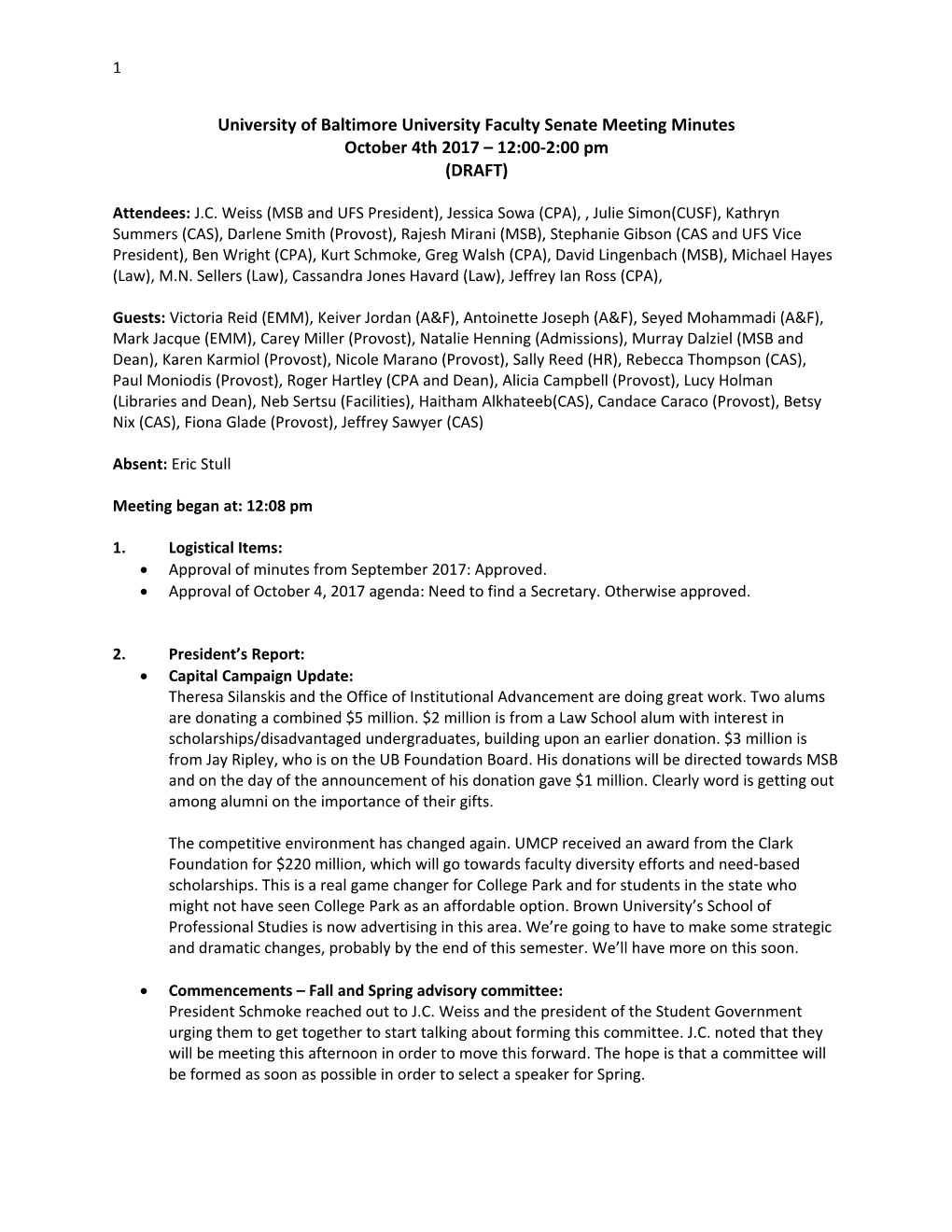 University of Baltimore University Faculty Senate Meeting Minutes