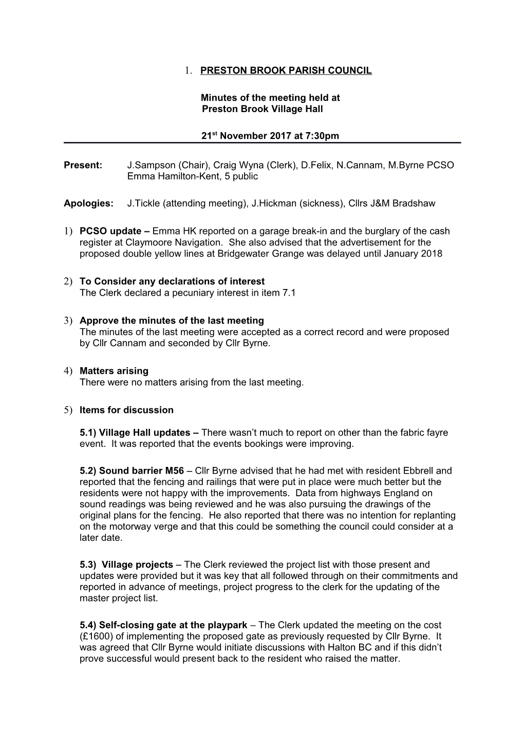 Minutes of the Meeting Held at Preston Brook Village Hall