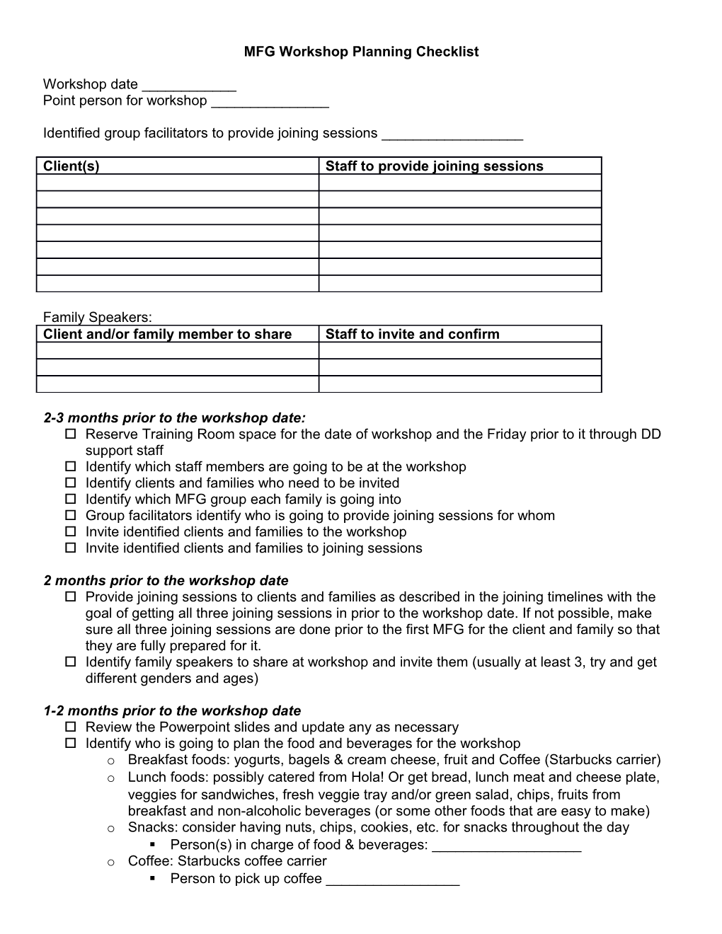 MFG Workshop Planning Checklist