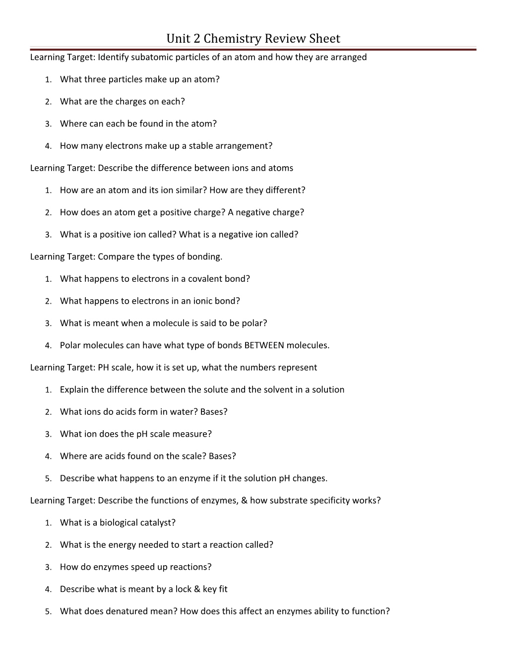 Unit 2 Chemistry Review Sheet