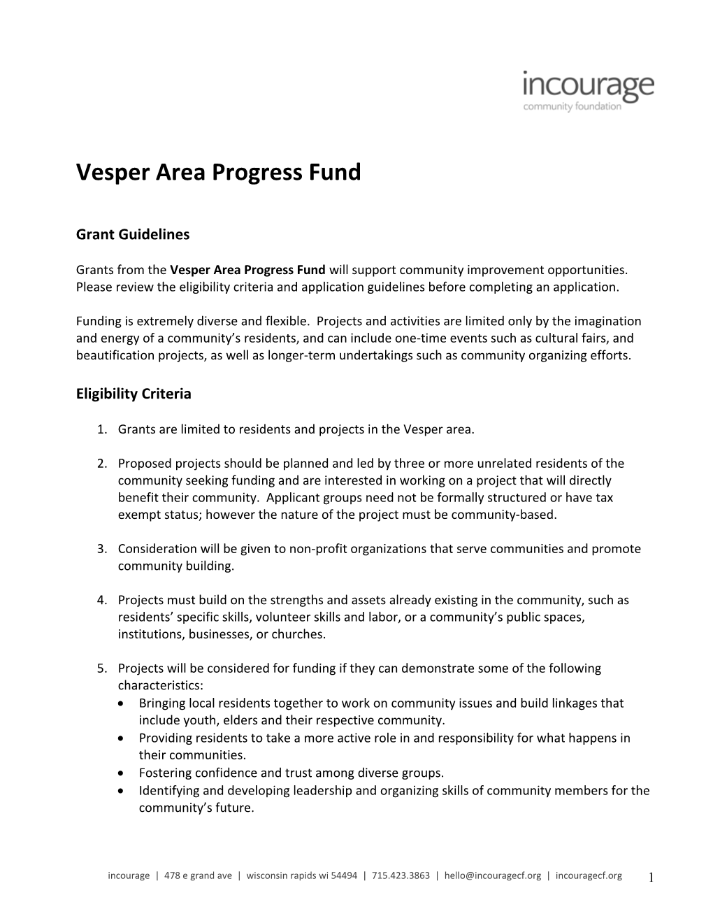 Vesper Area Progress Fund