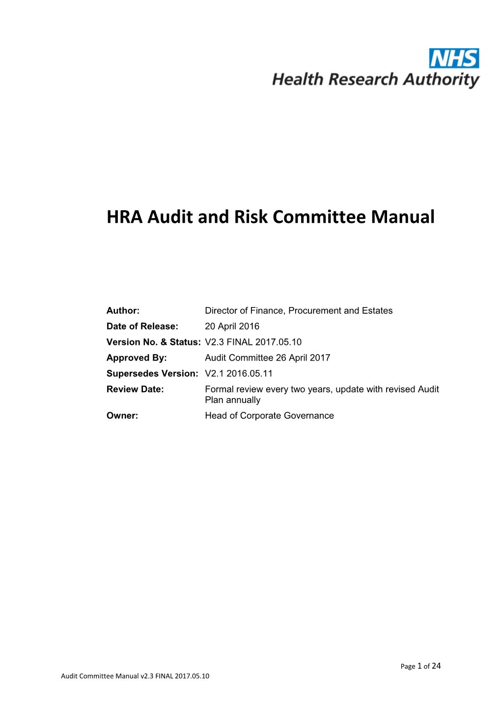 HRA Audit and Risk Committee Manual