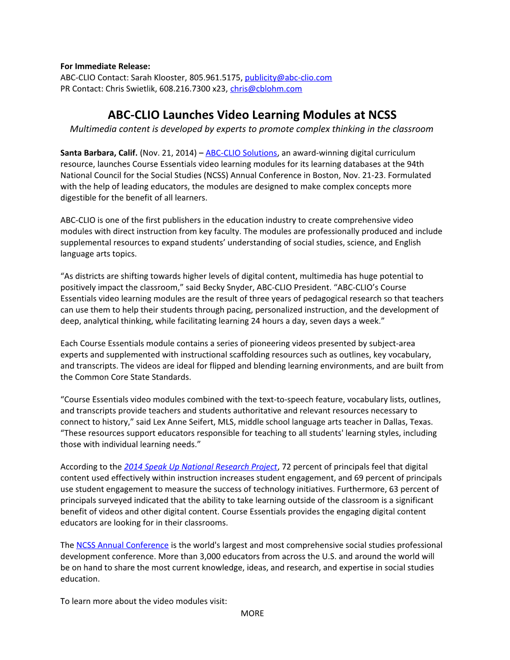 ABC-CLIO Launches Video Learning Modules at NCSS