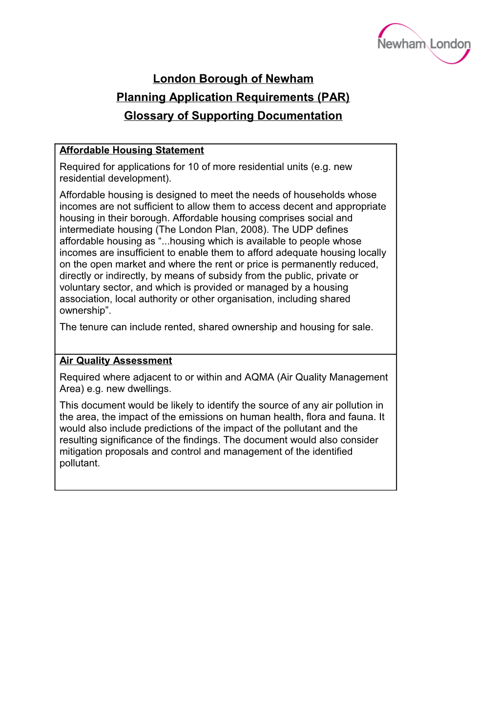 Glossary of Supporting Documents